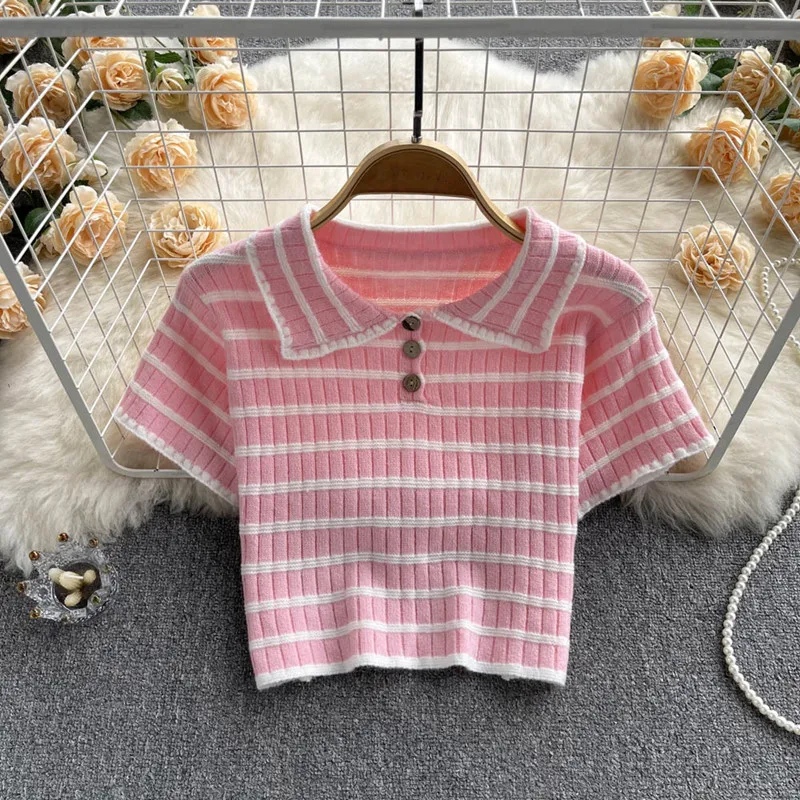 

Women's autumn 2022 new Summer 2022 new pink short sleeve knit shirt sweater women's short top blusas feminina