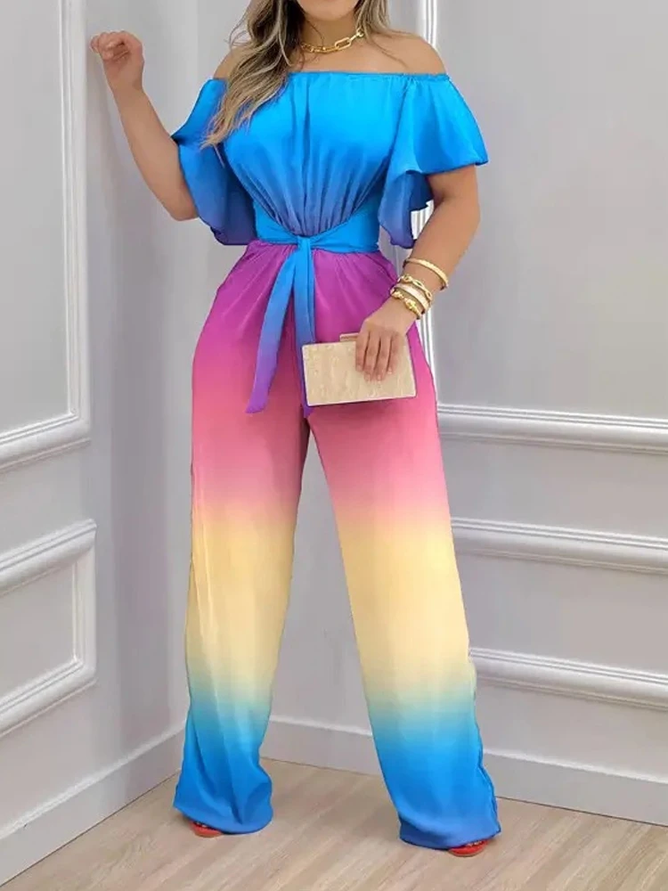 

2022 Ruffle Short Sleeves Wide Leg Overall New Commute Lace-up Waist Office Jumpsuit Fashion Gradient Print Off Shoulder Romper