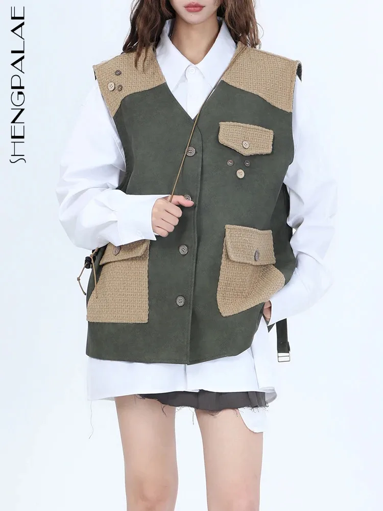 

SHENGPALAE модный лоскутный дизайн жилет для женщин с v-образным вырезом однобортный контрастный цвет винтажный жилет осень 2023 Новинка R5962