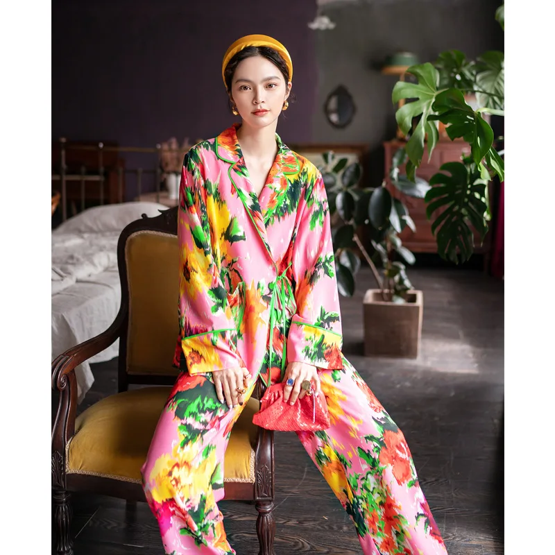 

High-quality Satin Printed Women Kimon Pajamas Set Loungewear Sleepwear for Women 2 Pieces 2023 Spring Silk Long Sleeve Homewear