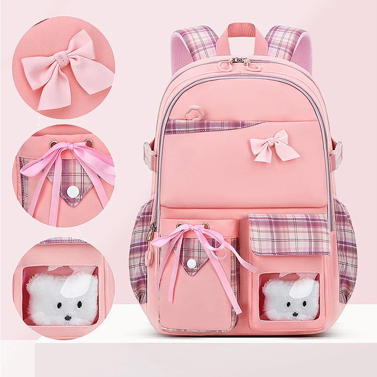 Grade 1-6-9 Primary Secondary School Students Leisure Lattice Backpacks New Girl Bow Bear Simple Silk Ribbon Bags All-match Hot