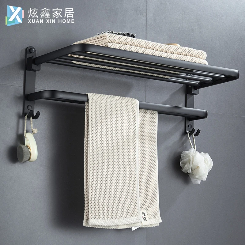 bathroom towel rack 40 60cm shower room holder wall mounted matte black aluminum folding storage shelf with hook accessories free global shipping