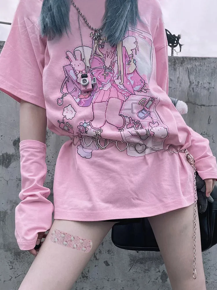 Deeptown Summer Kawaii Girl Top for Women Anime T-shirt Harajuku Graphic  Tee Top Streetwear Cute Print Tshirt Loose Pink Clothes - купить по  выгодной цене | AliExpress