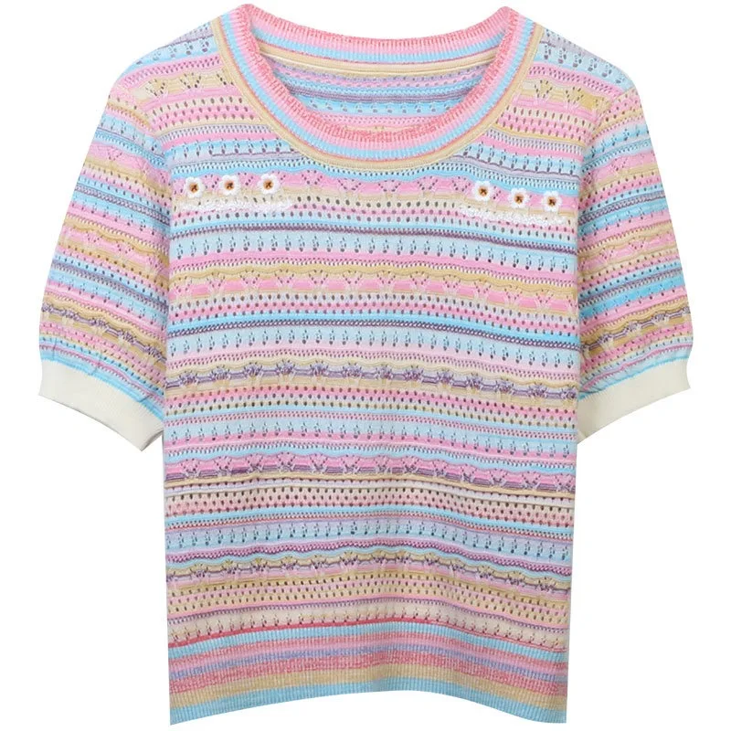 

Корейские вязаные женские футболки, женская одежда, женские футболки, футболки, милые летние топы в полоску с цветочной вышивкой, футболки