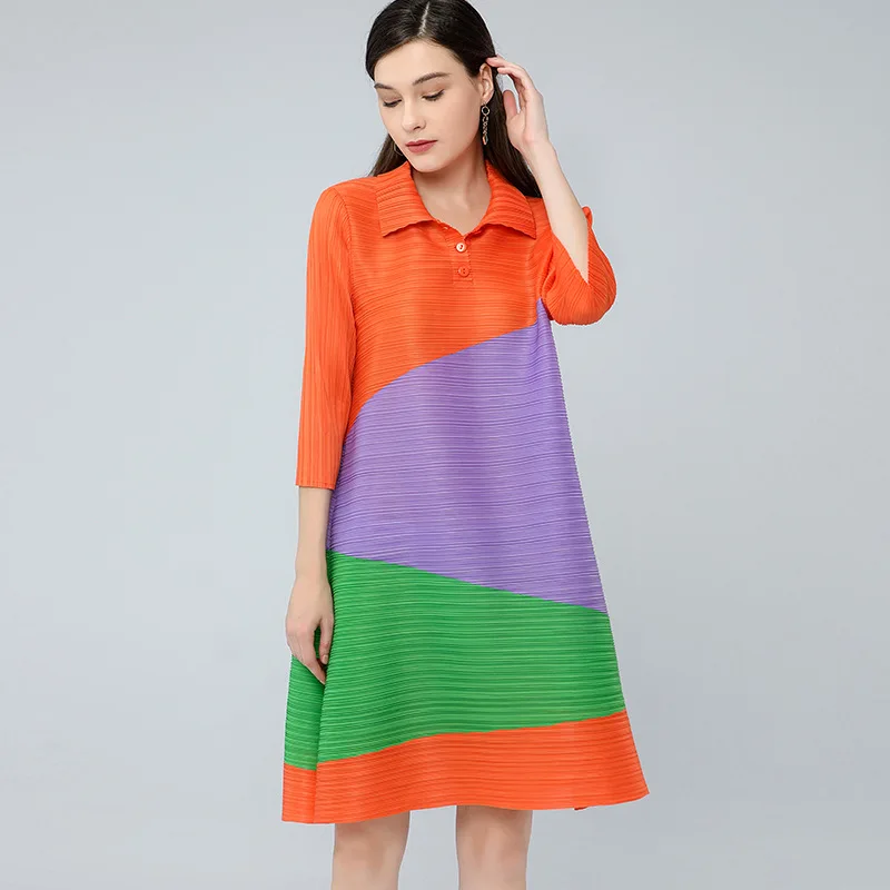

Design sense pleated dress women's autumn Miyake shirt collar stitching contrast color loose plus size dress