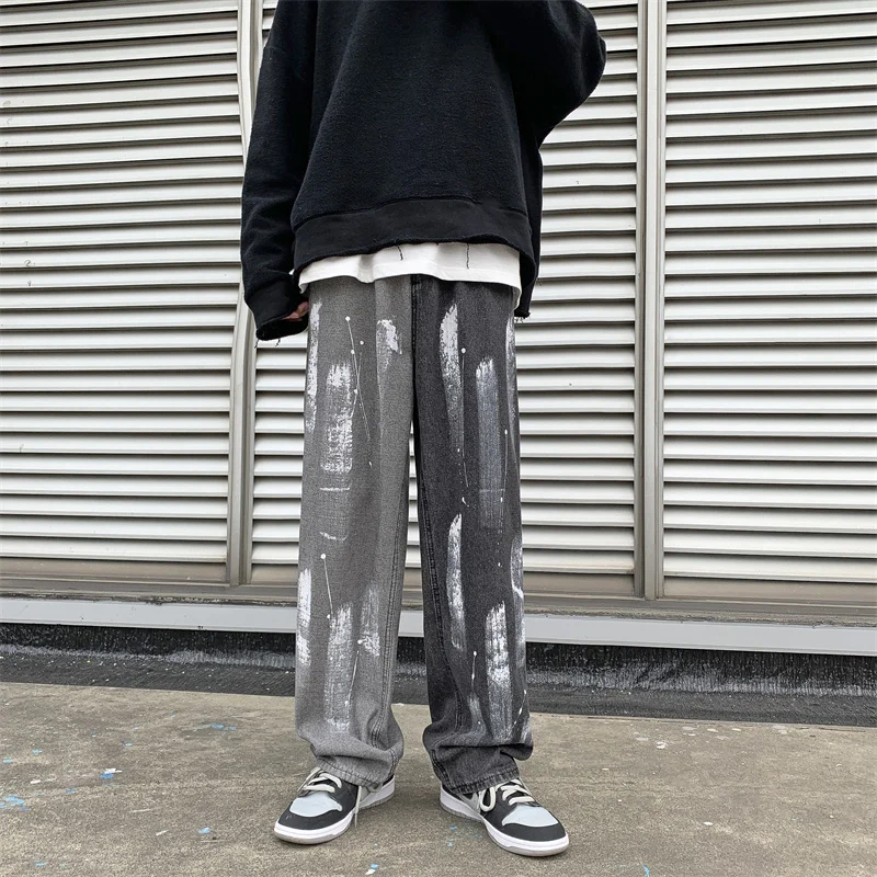 2023 Casual Baggy Jeans Mens Korean Streetwear Fashion Hip Hop Straight Wide Leg Trousers Black Gray