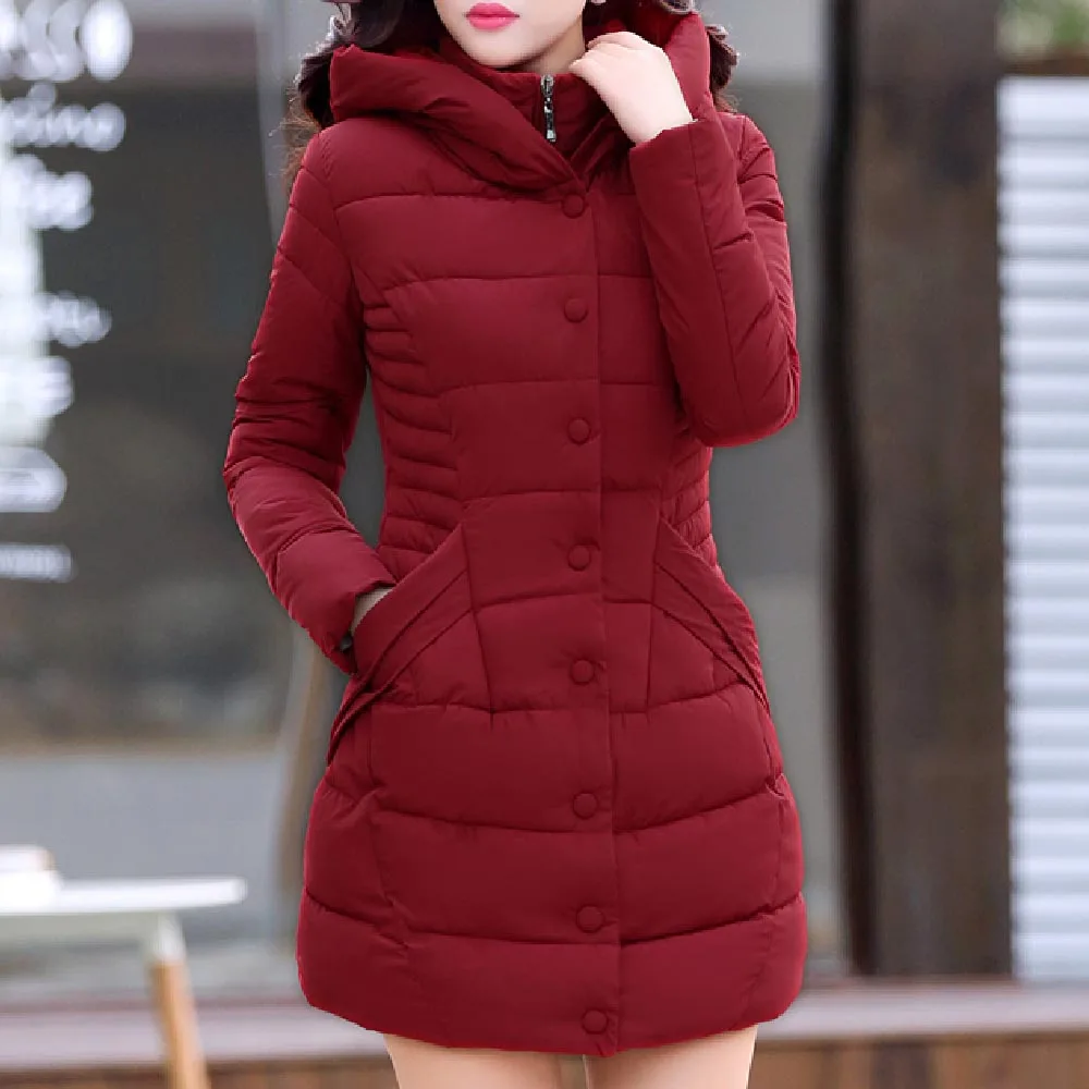 

Женские теплые пальто, зимние офисные женские винтажные тонкие однотонные плиссированные женские модные элегантные пальто с капюшоном и к...