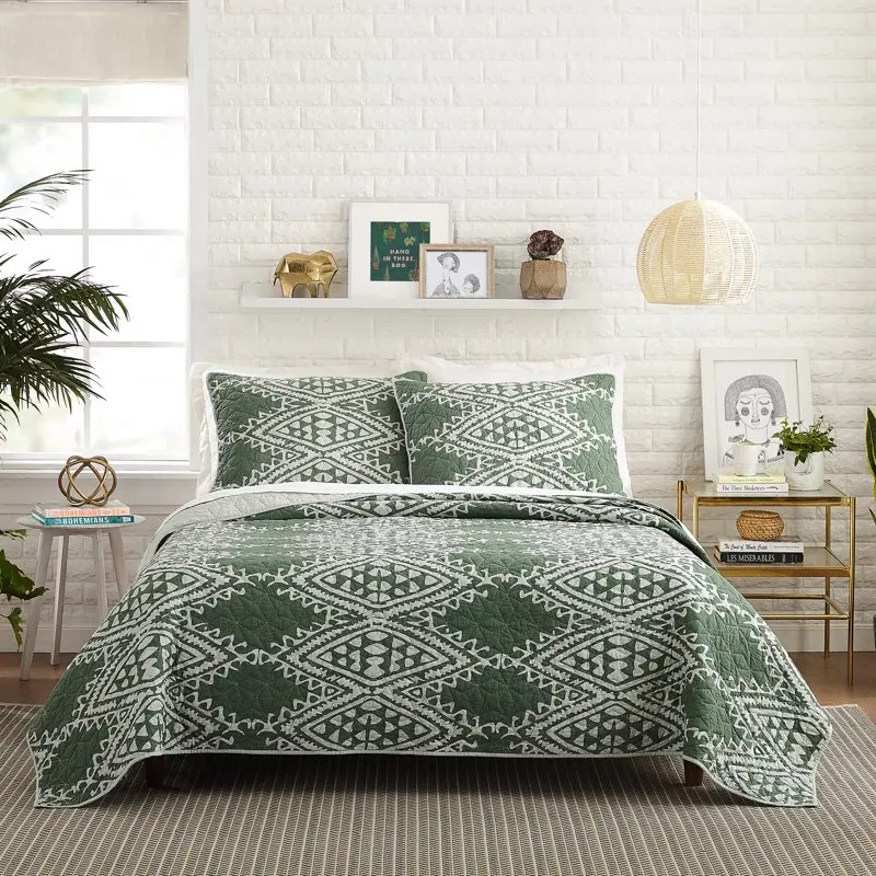 

Green Aisha Mosaic Cotton 3 Pieces Full/Queen Quilt Sets For Adults