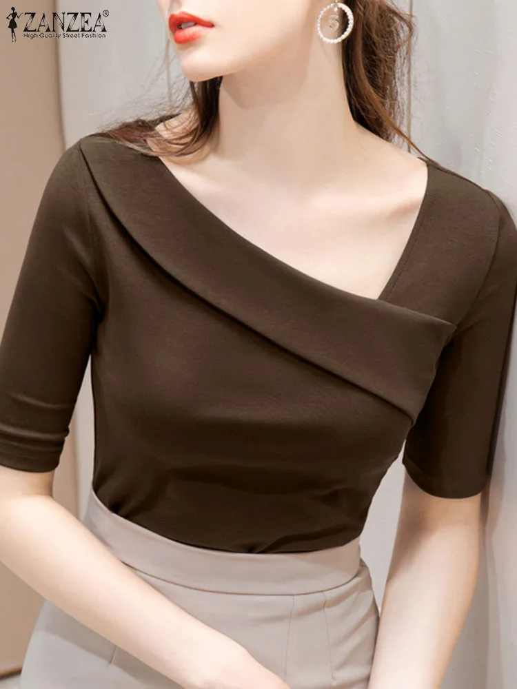 

ZANZEA Summer Party OL Blusas Lady Elegant Slim Tops Women Slanted Collar OL Blouse Fashion Short Sleeve Shirt Mujer Femme 2023