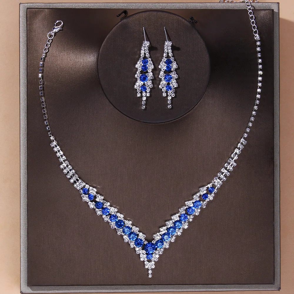

TREAZY Elegant Blue Rhinestone Crystal Wedding Bridal Jewelry Set for Women Silver Plated V Shape Choker Necklace Earrings Set