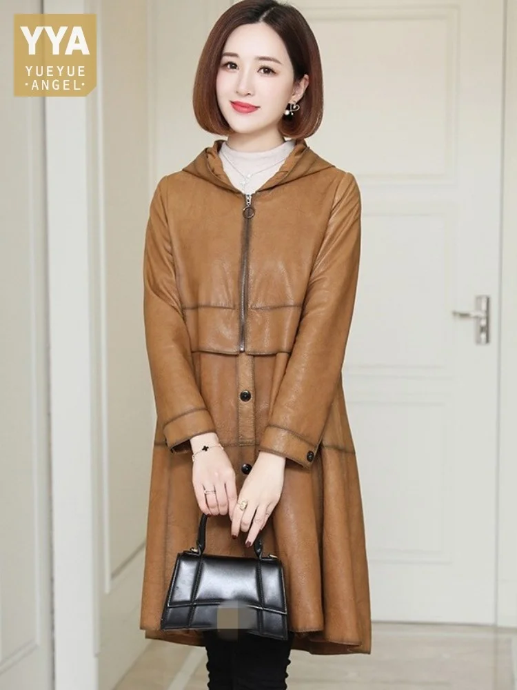 

Genuine Leather Long Jacket Women Casual Hooded Windbreakers Real Sheepskin Coat Patchwork Vintage Spring Autumn Female Overcoat