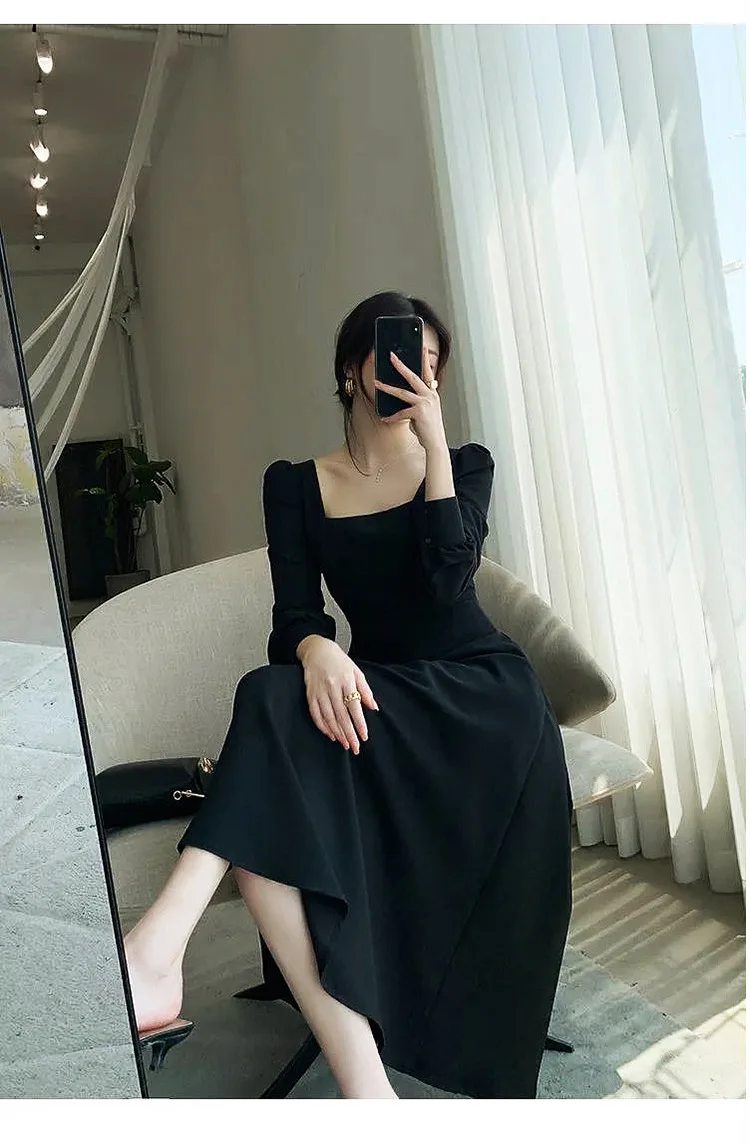 Black Hepburn Dress Women's 2021 High Waist Thin French Square Collar Long Sleeve Little Black Vestidos Elegantes Para Mujer images - 6