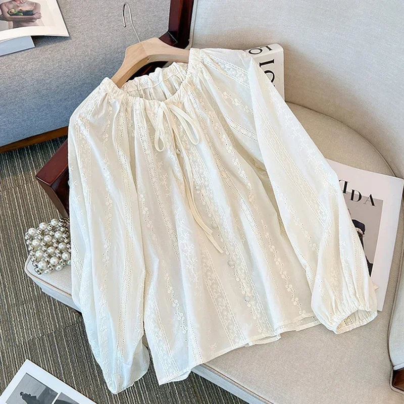 

Женская офисная блузка на завязках, элегантная Свободная блузка с круглым вырезом и цветочным принтом, модель 2023 в Корейском стиле на осень, 29515