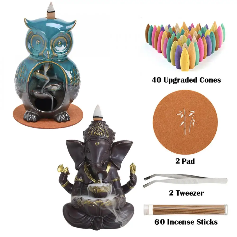 

Ceramic Lord Ganesha India Elephant God Backflow Incense Burner Censer Holder Home Decor Figurine with 40 Cones & 60 Stick