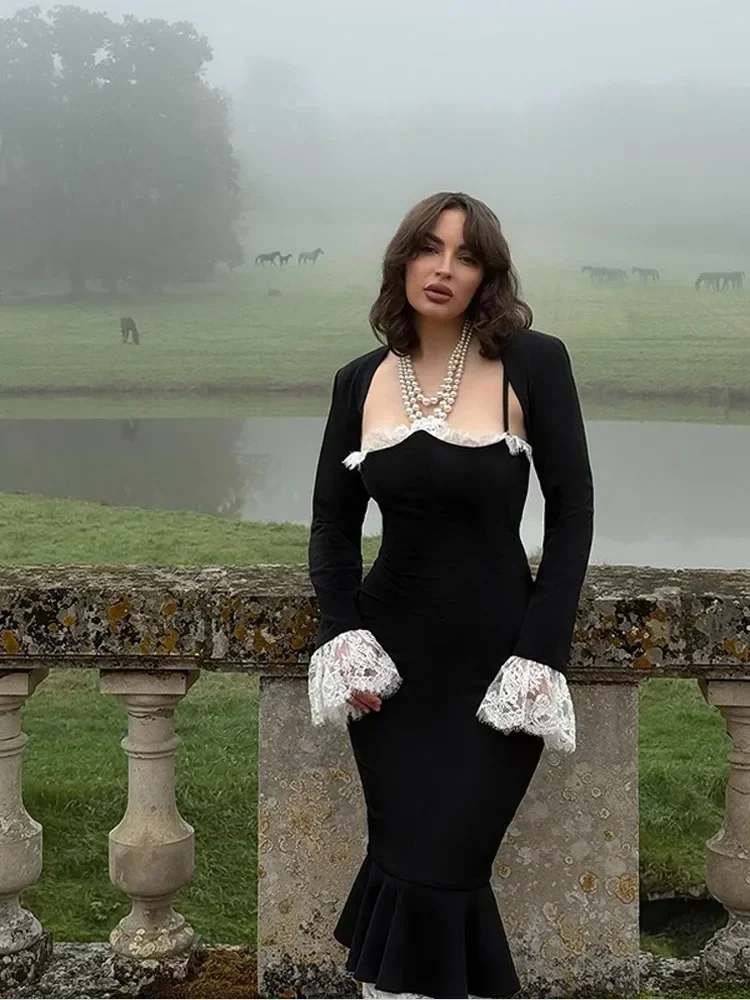 Осеннее винтажное бархатное черное платье для женщин шикарное облегающее