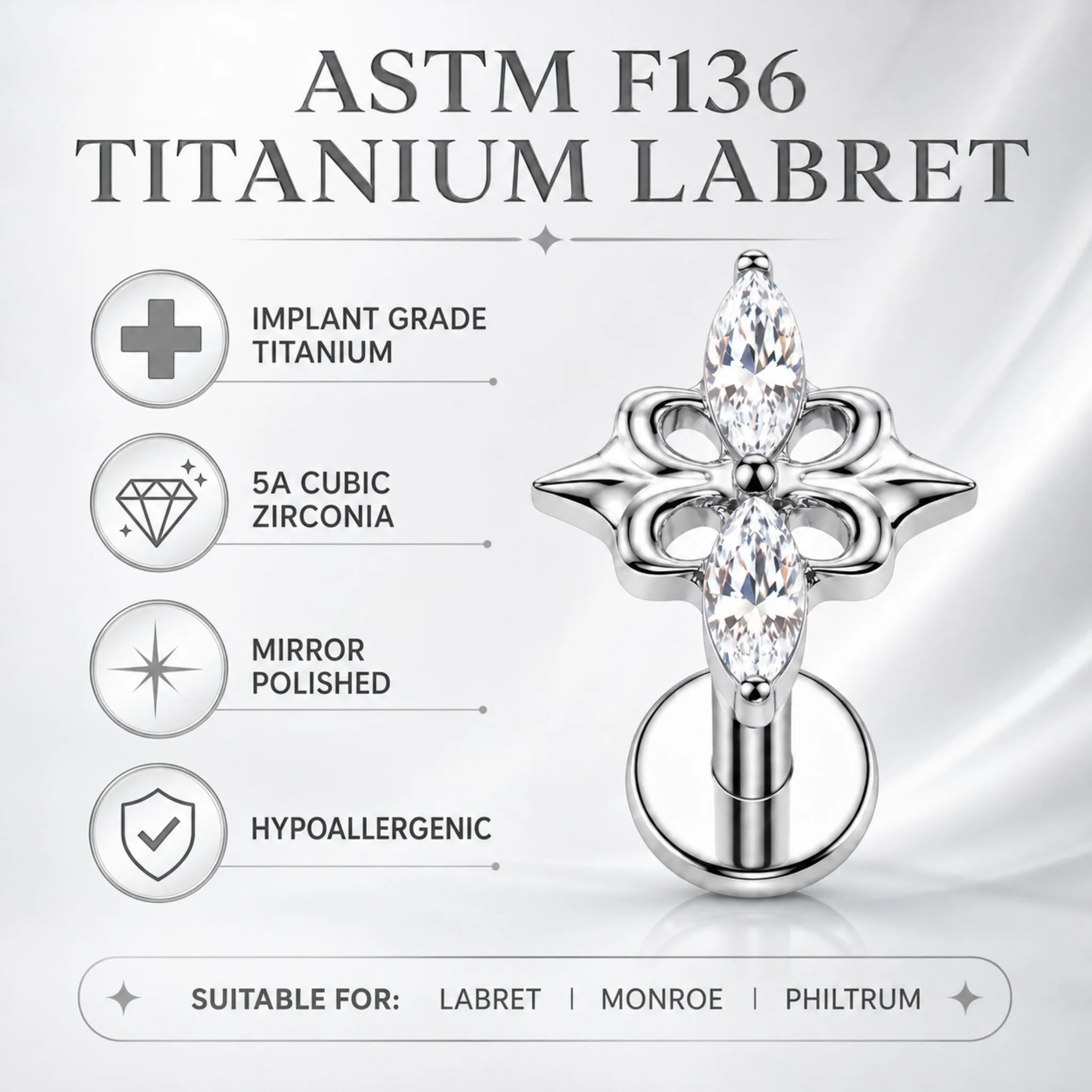 Фото Серьга-лабрет ZOOR из титана ASTM F136 с фианитом маркизной огранки в форме звезды, для пирсинга трагуса, хеликса, пирсинг-украшение G23 с плоской задней частью №5