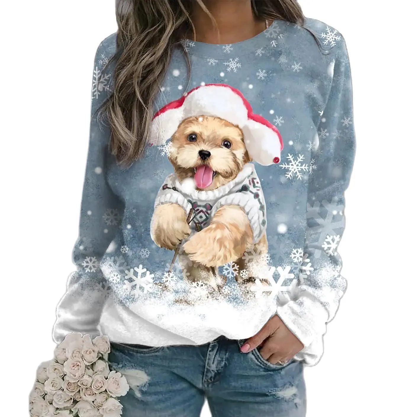 

2022 Christmas T Shirt For Women 3D Snowman Long Sleeve Tees O-neck Tops Kawaii Animal Print Xmas T-shirts Oversized Streetwear