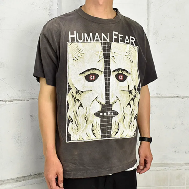 

Saint Michael American Fashion Brand Vintage Washed Old Cracked Print Men's and Women's Loose Short Sleeve T-shirt