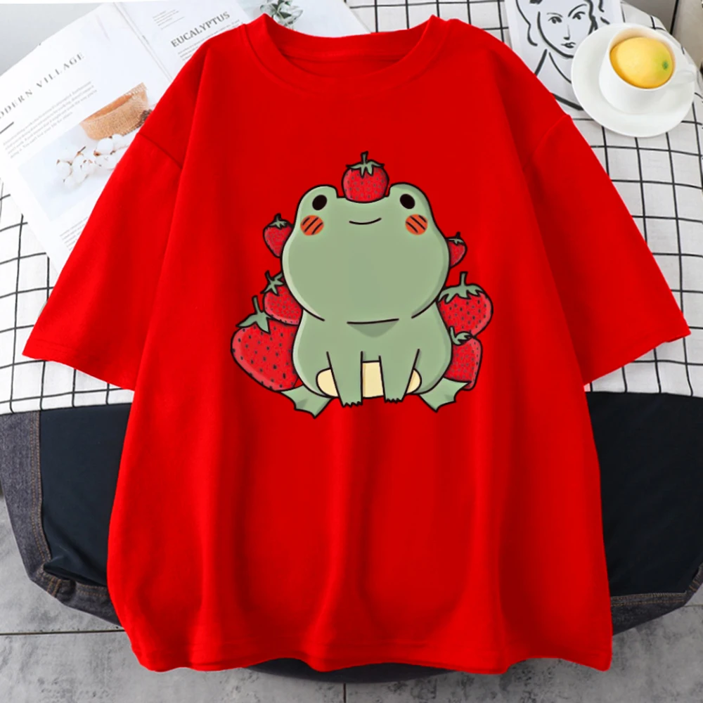 

Sweet Strawberry Frog Short Sleeve 2022 Summer Korean Tops T Shirt Womens Pure Cotton Casual Girls Kids Harajuku Cartoon Graphic