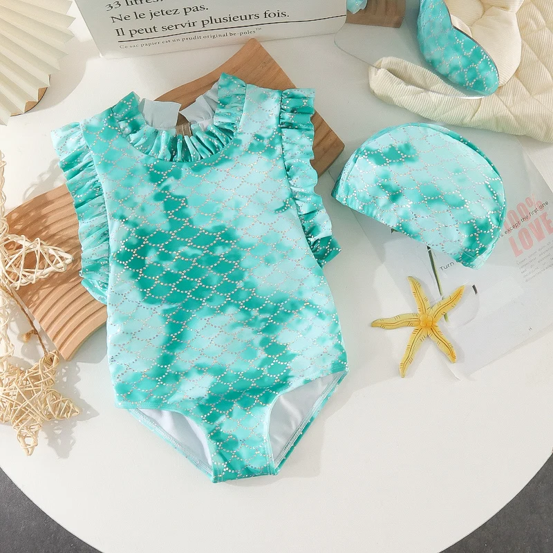 

Kids Baby Girl Swimwear One-pieces Mermaid Fishtail Dress Fish Scale Print Ruffles Summer Beachwear Bathing Suit