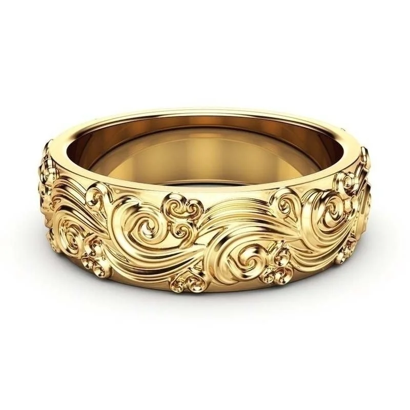 

New Fashion Hand Engraved Wave Design Men Ring Gold Color Elegant Pattern Women/Men Ring Anniversary Gift Trendy Jewelry anillos