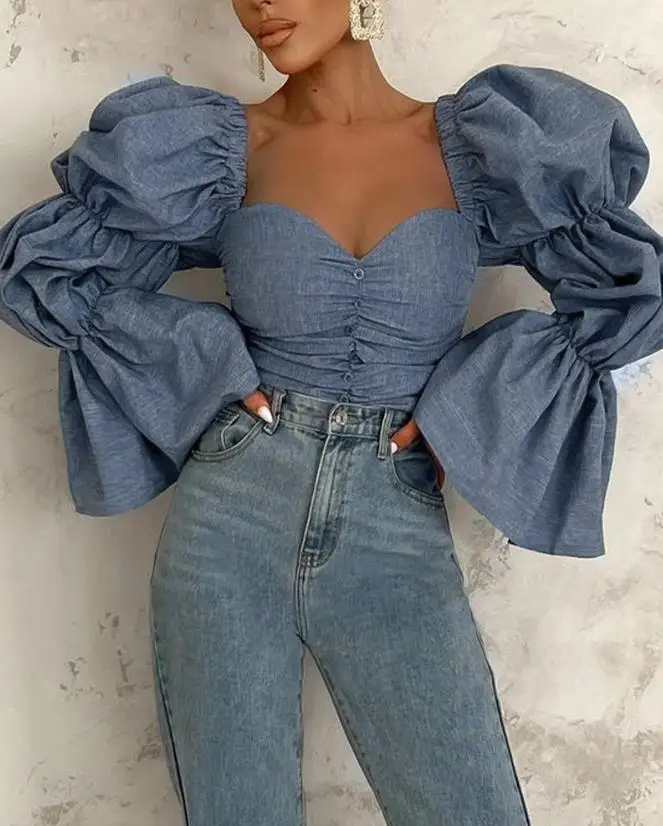 

Women Long Puff Sleeve Blouse Spring Fall Y2K Fashion Elegant Shirts Top Solid Color Button Detail Ruched Female Mujeres Blusas