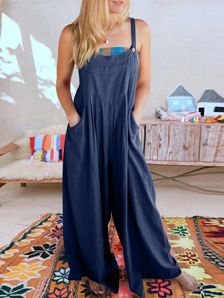 

Women Jumpsuit Summer Sleeveless Solid Color Wide Leg Pockets Loose Strappy Playsuit Overall Wide Leg Pockets Vacation Jumpsuits