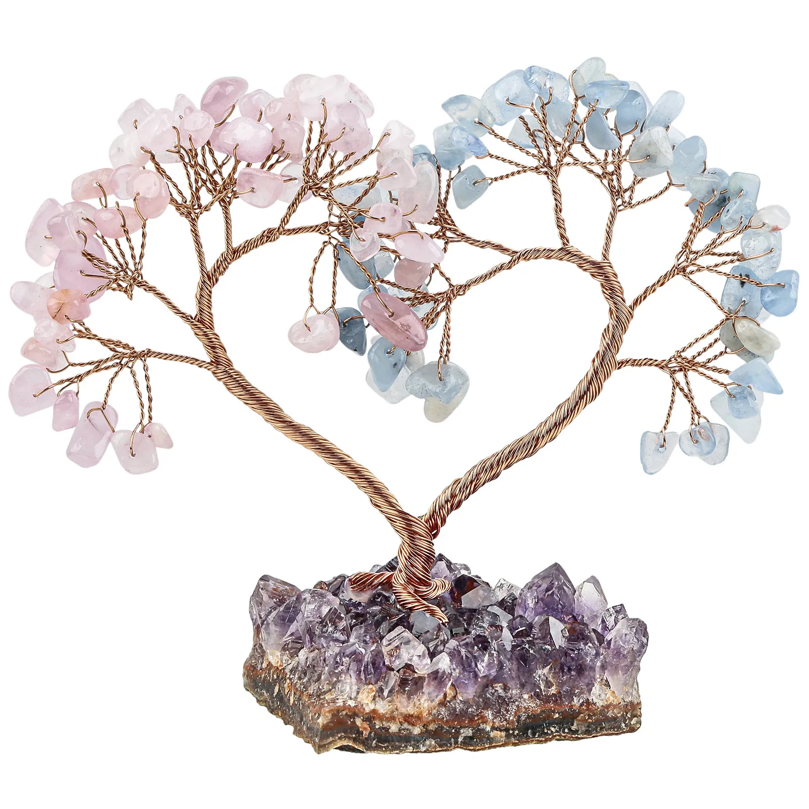 Money Tree Copper Wire Wrapped Amethyst Cluster Base Rose Quartz & Amethyst Heart Shape Tree For Home/office Decoration