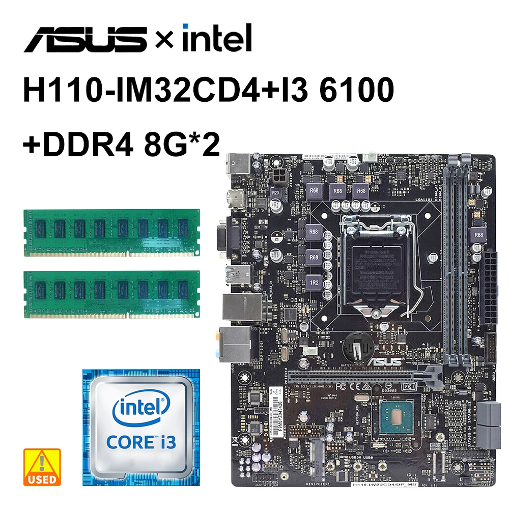 H110 Motherboard set ASUS H110-I/M32CD4 with i3 6100 +DDR4 8G*2 1151Motherboard kit HDMI USB3.0 MicroATX