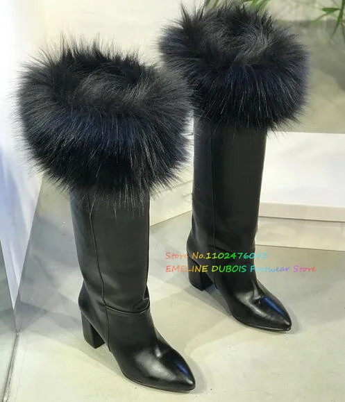 

Женские сапоги из меха, с острым носком, на толстом каблуке