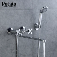 potato bathroom faucet long water outlet tube mixer wall mounted held shower set hot and cold waterfull with shower head p23321