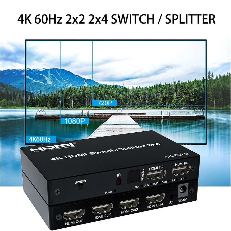

4K 60hz HDMI Switch Splitter 2x2 2x4 HDMI Switcher 2 In 2 / 4 Out 3D Video Converter for PS4 DVD STB PC To TV Monitor Projector