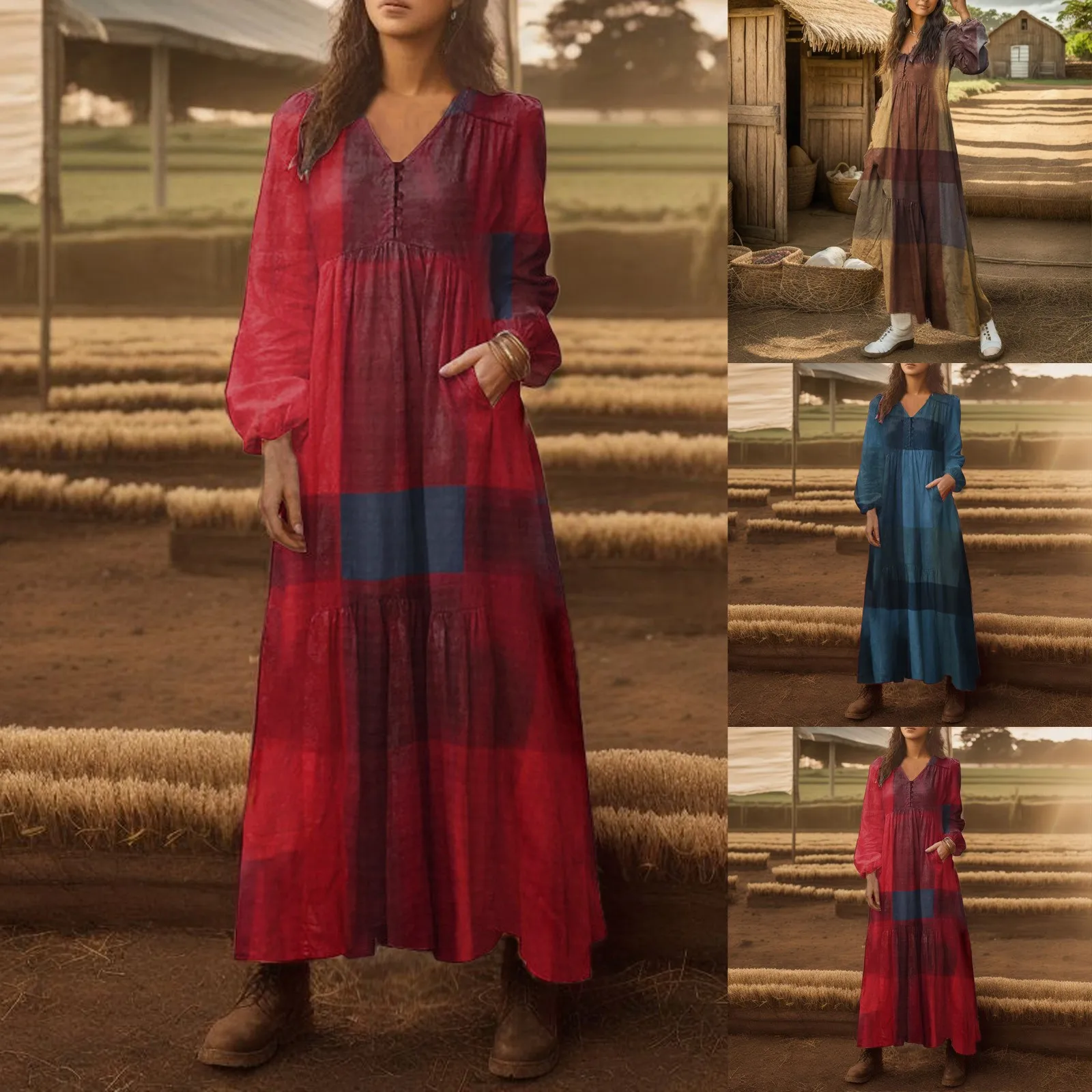 

Женское платье в этническом стиле, свободное платье до колена с длинным рукавом и широкой юбкой, с V-образным вырезом, в стиле ретро, лето