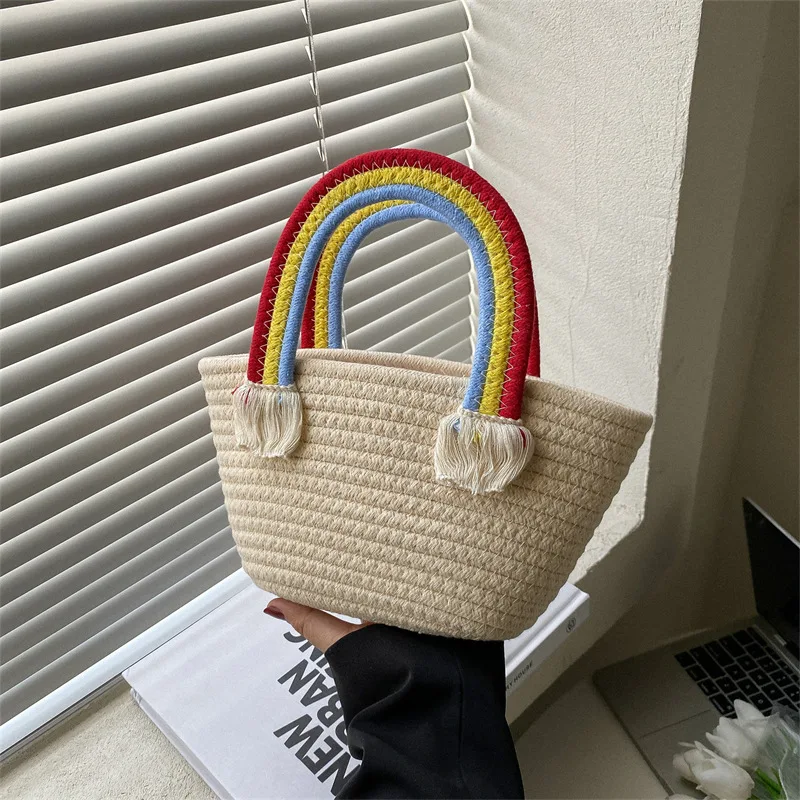 

Vintage Women's Bags Handbag New 2023 Summer Casual Hand Bags for Women Ins Straw Rainbow Female Bag Travel Casual Shoulder Bag