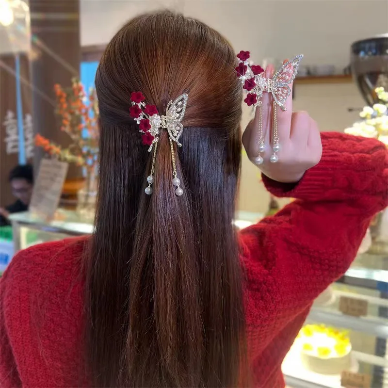 Модная заколка для волос с бабочкой и кисточкой жемчугом Красные Цветочные