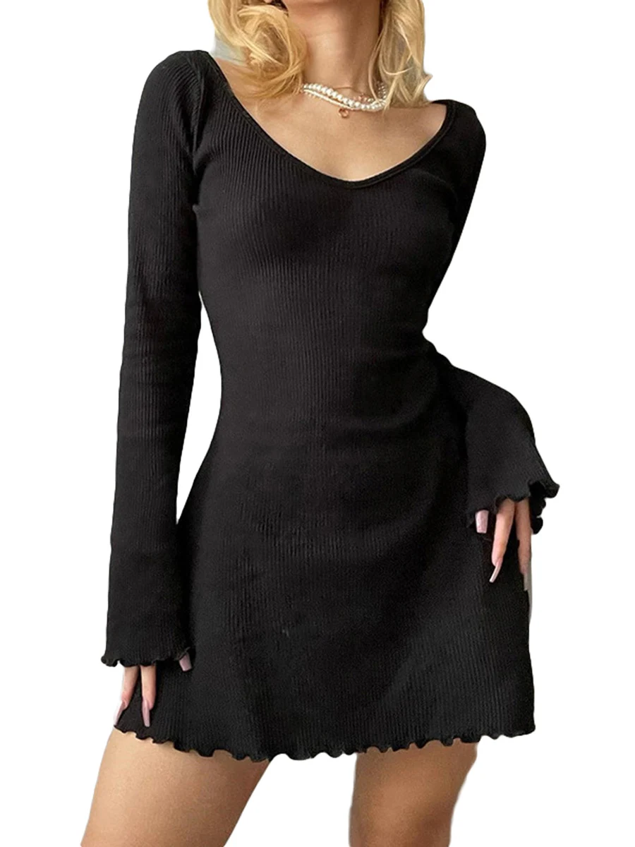 

Women Fall Clothes Ribbed Knit Dress Fashion Ruffle V Neck Bodycon Mini Dresses