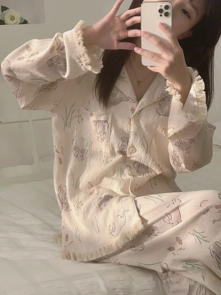 QWEEK Gauze Pajamas Kawaii Rabbit Print Trouser Suits Korean Style Room Wear Breathable Soft Sleepwear Home and Sleep Clothes
