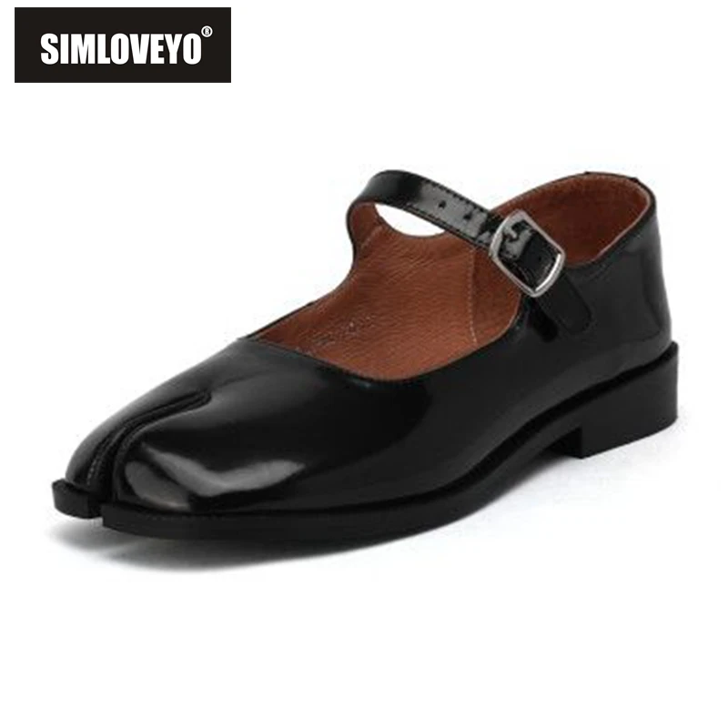 

SIMLOVEYO Girls In Style Pumps Toes Separated Flats Full Grain Leather Buckle Strap Size 33-40 Black White Elegant Spring S2840