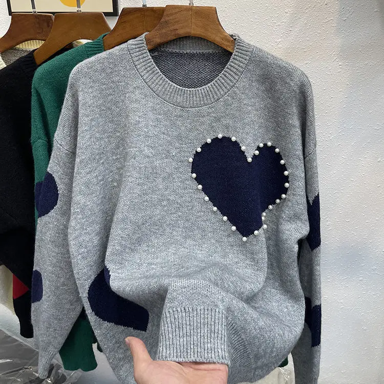 

Gray Sweet Heart Pearl Love RU Spring Pullover O-Collar Warm Sweater Women's Sweaters Women Girl Pull Slim Top Cloth Outer Coat