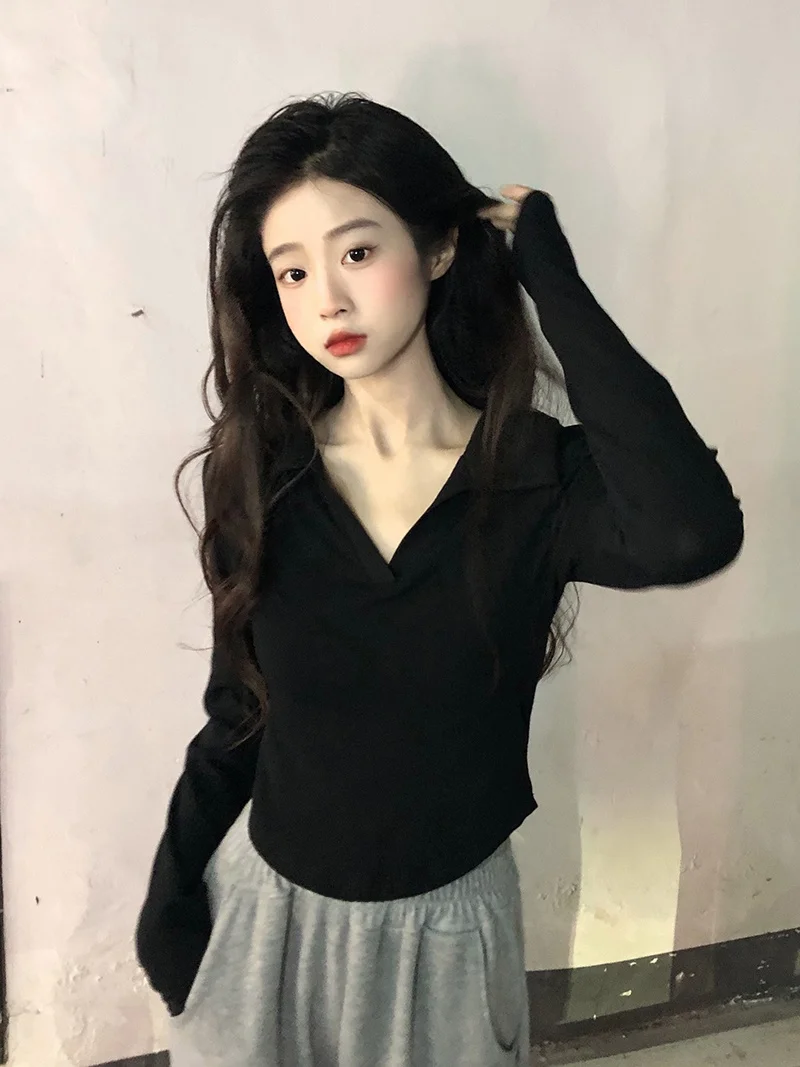 Осенняя женская одежда Gyaru Design Sense Slim fit Белая нижняя рубашка с воротником-поло Pure