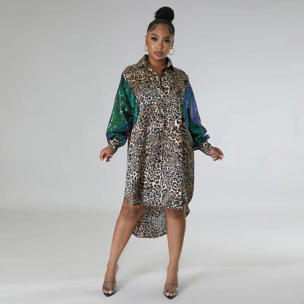 

Women Sequines Long Sleeve Patchwork Leopard Single Breasted Lapel Collar Shirt Style Asymmetrical Loose Dress