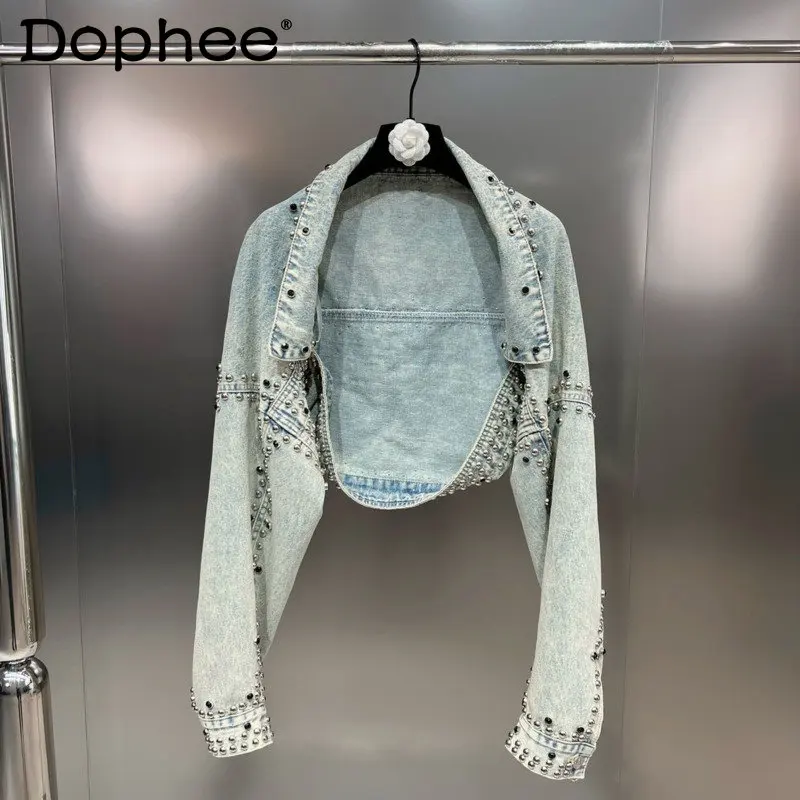 

Autumn New Collection Long Sleeve Rivet Beads Streetwear Light Blue Denim Jacket Women Coat