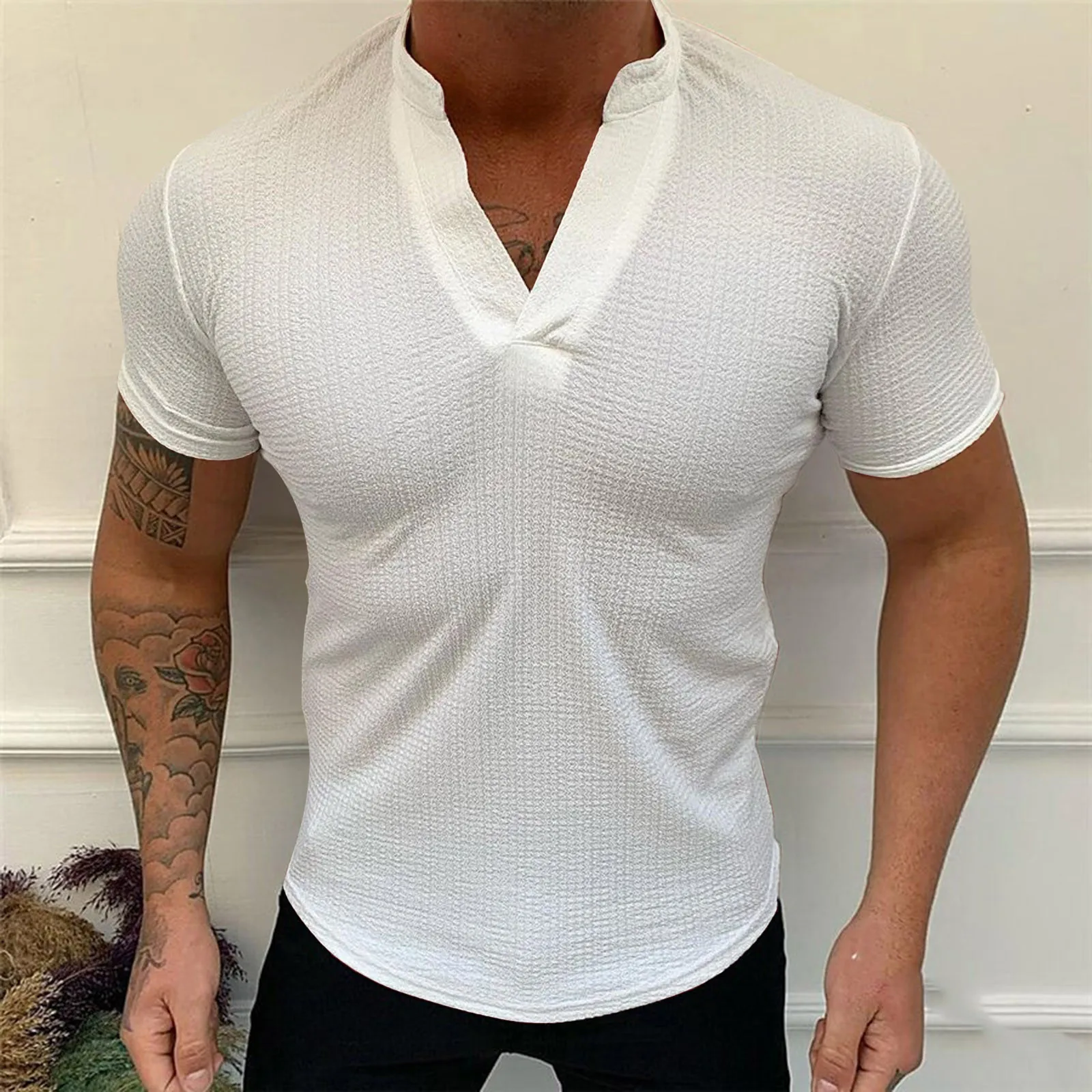 

Mens Summer Cotton And Linen Blouse V Neck Short Sleeve Top Blouse Plus Size Summer Beach Shirts for Men tee shirt homme