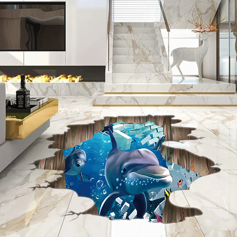 New 3D wall stickers dolphin broken Aquarium Ocean Wall Stickers Universe Galaxy For Kids Rooms Bathroom Home Decor Cartoon |