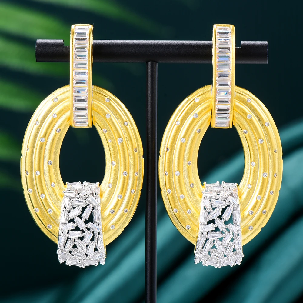 

Soramoore New Original серьги Big Gold Oval Drop Earrings Full Cubic Zirconia for Women Wedding Trendy Earrings High Quality