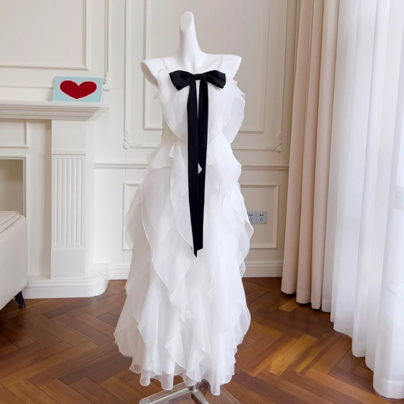White Black Patchwork Bow Midi Dresses 2023 Korean Fashion Elegant Ruffles Pleated Party Dress Women Vestidos De Fiesta