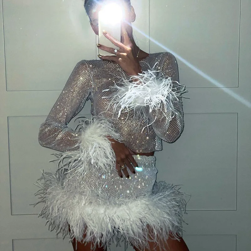 

HOUZHOU Euphoria Mesh 2 Pieces Sets Women See Through Long Sleeve Top Sequins Furry Mini Skirt Sexy Suits Patchwork Clubwear