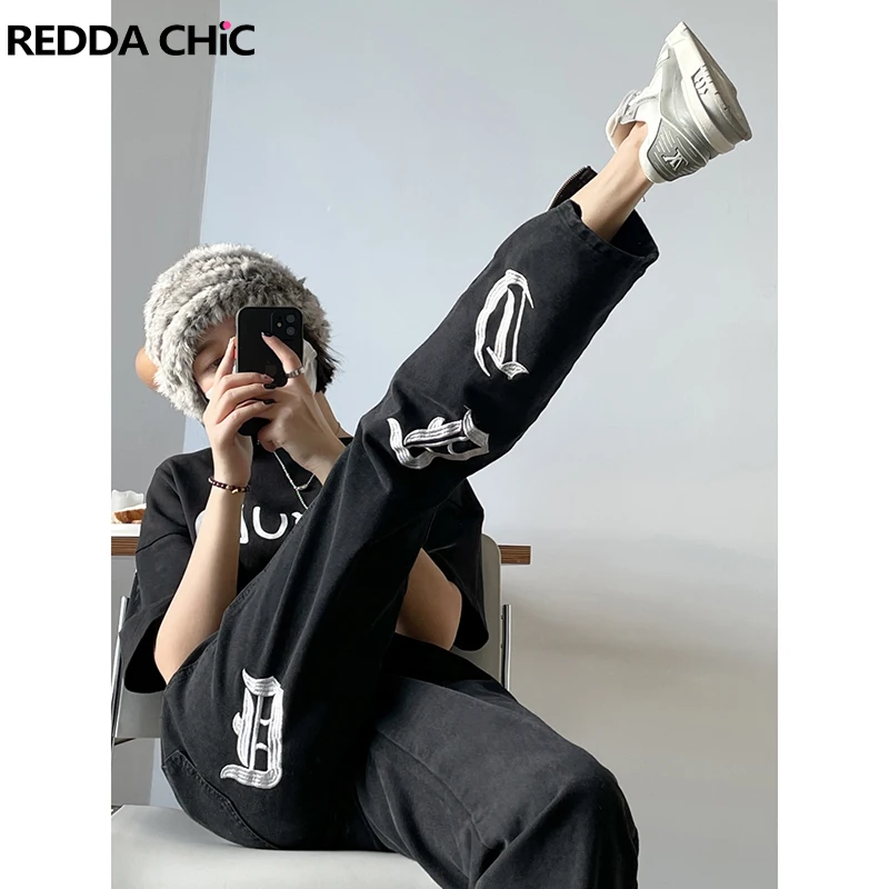 

REDDACHiC Gothic Black Graphic Jeans Side Slit Grunge Y2k Pants for Women Korean Streetwear High Waist Trousers Harajuku Fashion