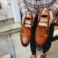 men monk loafers solid color pu stitching square toe double buckle one piece fashion business casual wedding party dress shoes