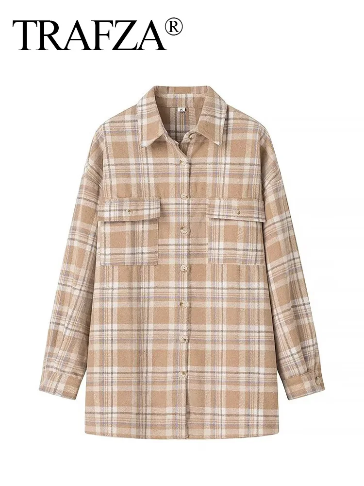 TRAFZA осенние женские свободные рубашки с карманами и отложным воротником